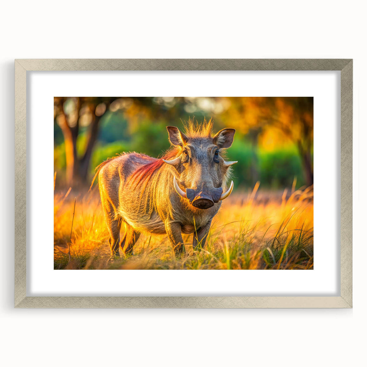 Textured abstract art print depicting an African scenery in earth tones, framed in silver, ideal for bedroom art.