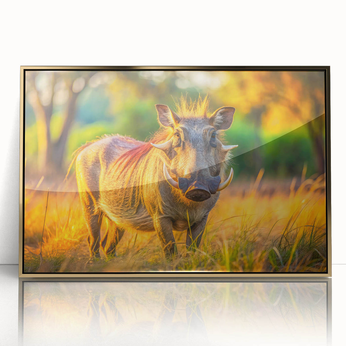 Framed acrylic print of an African savannah scene with elephants, in gold tones, suitable for modern art wall decor.