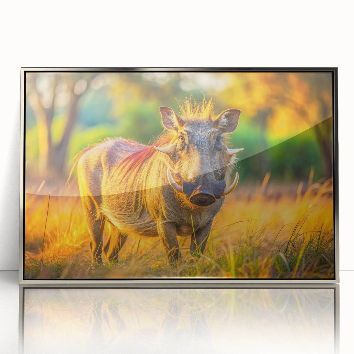 Mid-century modernist art depicting a serene Zambian landscape on a silver-framed acrylic print.