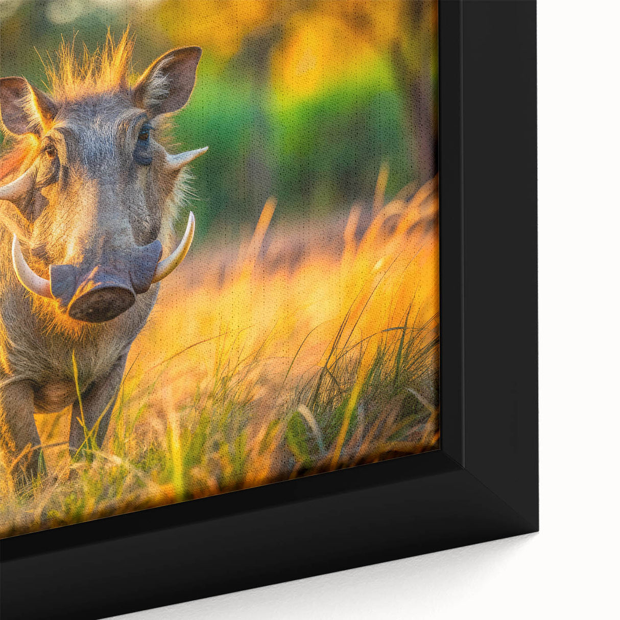 Extra large framed canvas depicting a textured, colorful African scenery in black with vibrant accents.