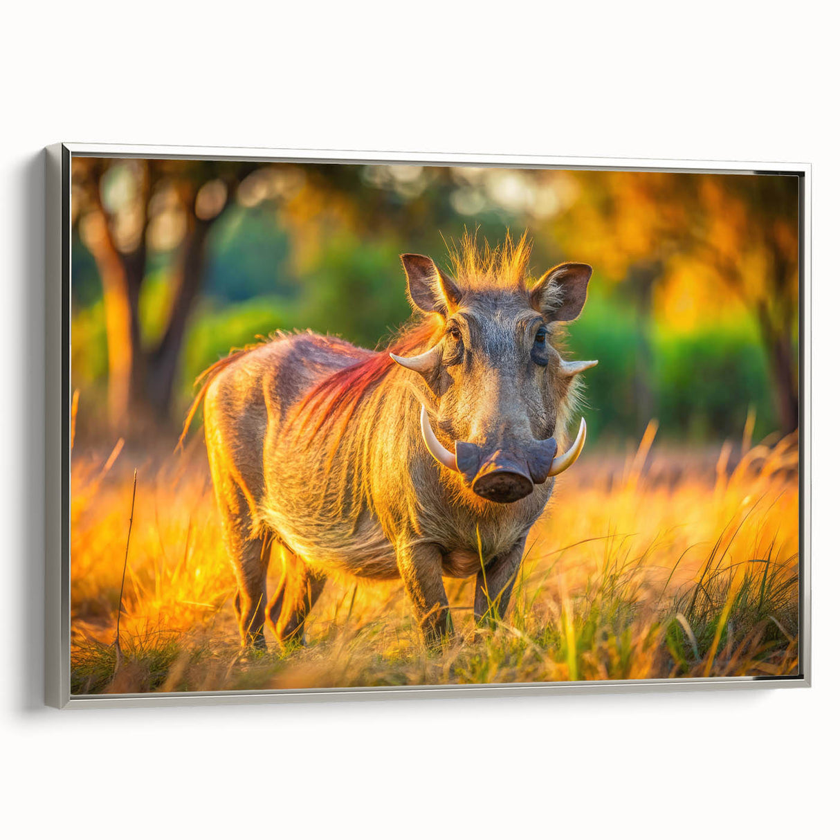 Framed canvas featuring a colorful African landscape with vibrant shades, ideal for enhancing a living room's ambiance.