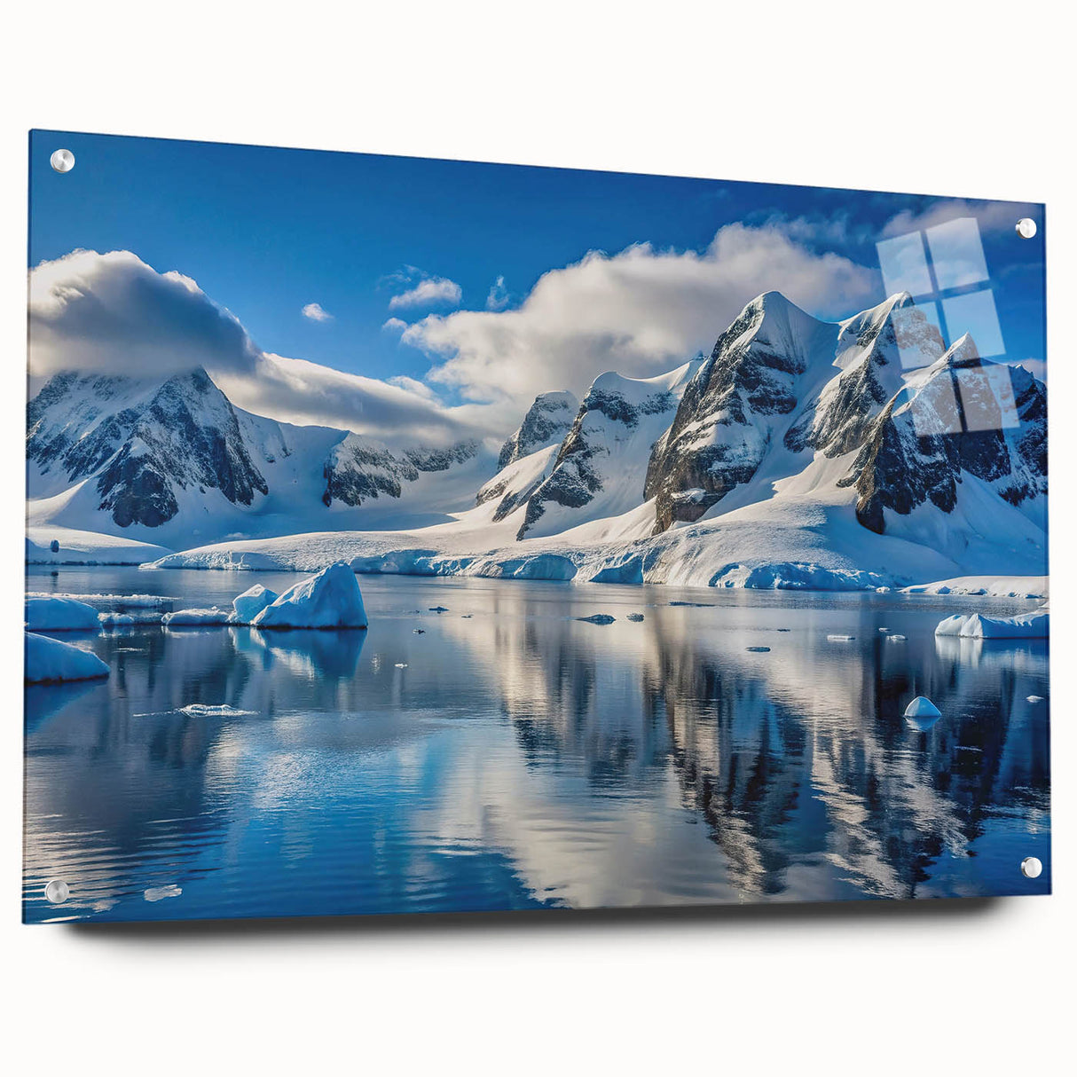 Acrylic glass print of a large abstract depiction of Antarctica's landscape in cool blue tones.
