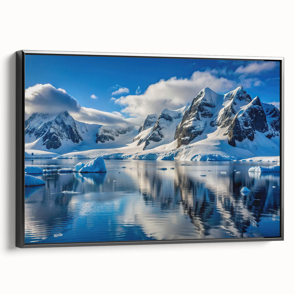 Black and white framed canvas featuring a vintage-style Antarctic landscape, ideal for bedroom wall art.