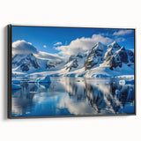Black and white framed canvas featuring a vintage-style Antarctic landscape, ideal for bedroom wall art.