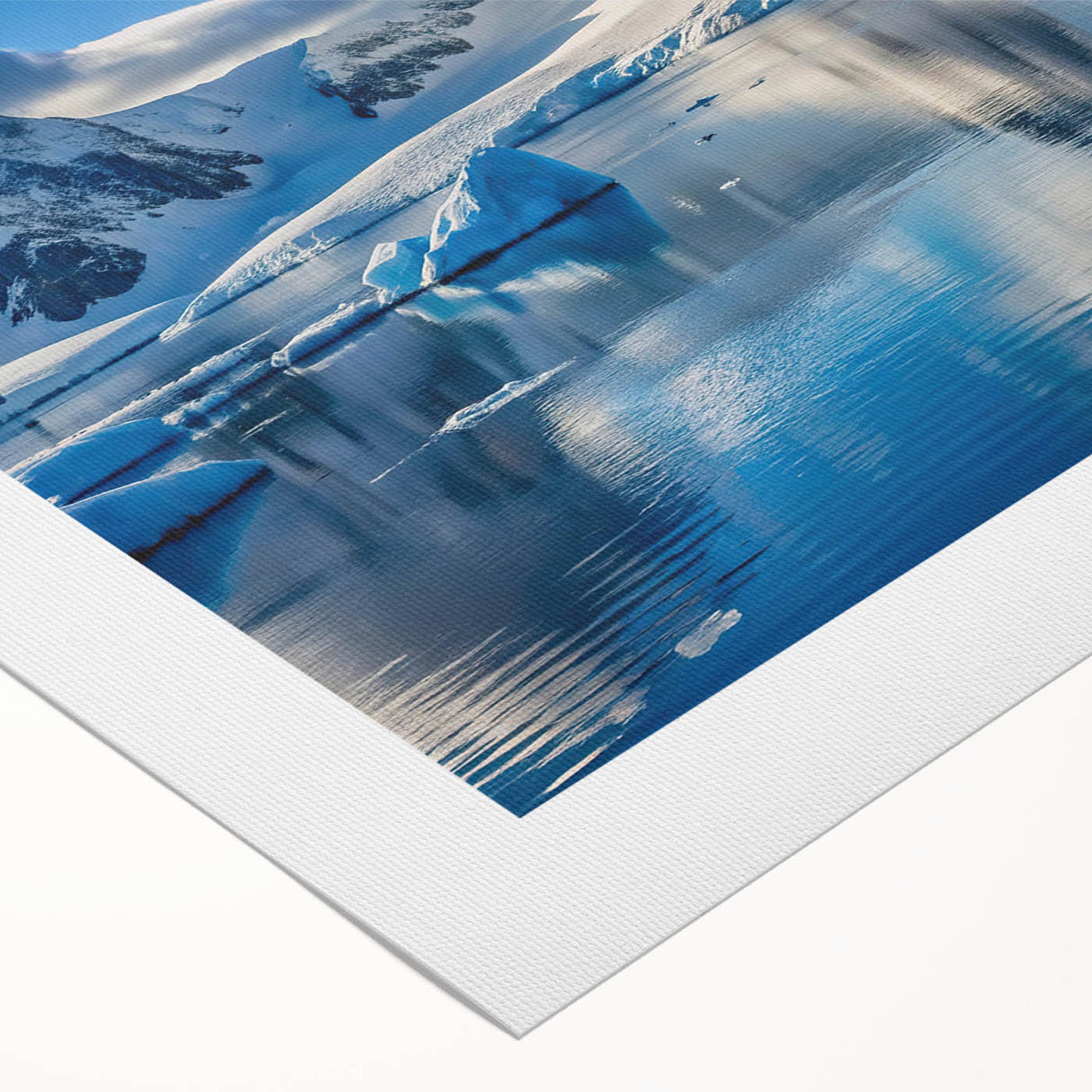 Art deco poster of an Antarctic landscape in cool blue and white tones on rolled canvas, suitable for dining room wall art.