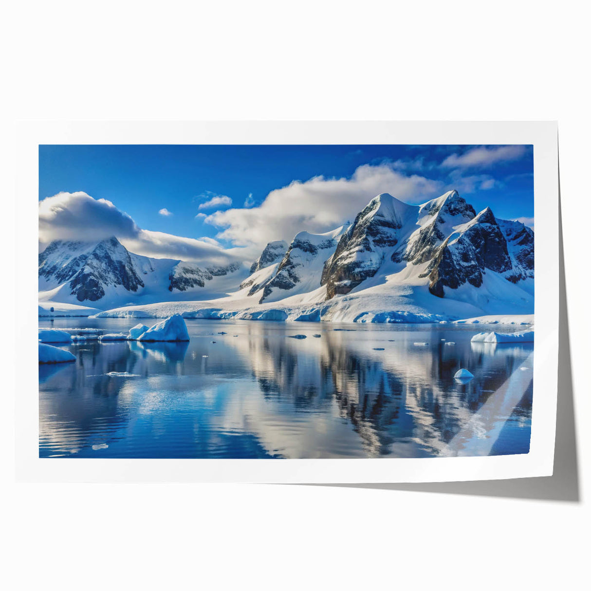 Antarctic landscape on rolled canvas, featuring muted blue and white tones, ideal for art wall dining room.