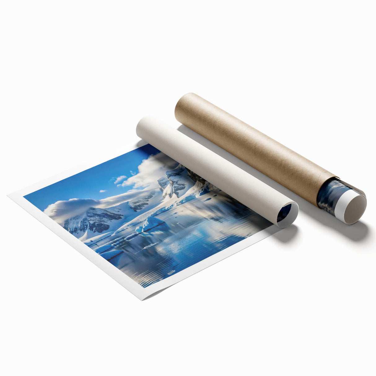 Extra large rolled print featuring a serene Antarctic landscape in muted blue and white tones.