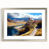 Textured abstract art print depicting a serene Asian landscape in muted earth tones on a framed silver mat.