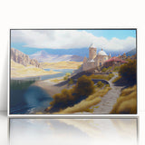 Art deco poster of an Azerbaijani landscape on white framed acrylic, with neutral and earth tones.