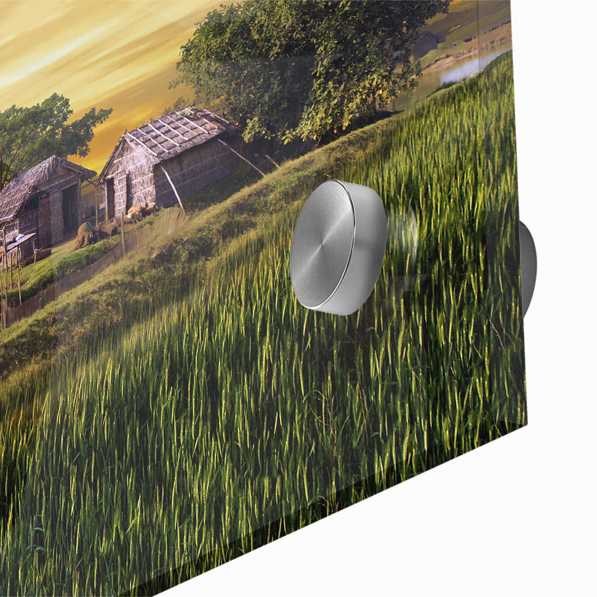 Large abstract wall art featuring a mid-century modernist style with vibrant colors on acrylic glass.