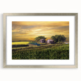 Textured art print of an abstract scenery in muted earth tones on a framed silver canvas, ideal for bedroom art.