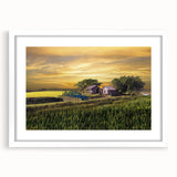 Abstract art print of a vibrant, colorful landscape on a framed white canvas, ideal for dining room decor.