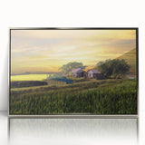 Mid-century modernist art depicting a serene Bangladeshi landscape in muted greens and blues on a framed acrylic print.