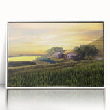 Art Deco poster of a stylized Bangladesh landscape in muted earth tones on a white framed acrylic.