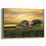 Framed canvas featuring a vintage-style landscape painting of a Bangladesh scenery in muted gold and black tones.