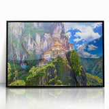 Large abstract wall art depicting a Bhutanese landscape in muted earth tones on a framed acrylic.