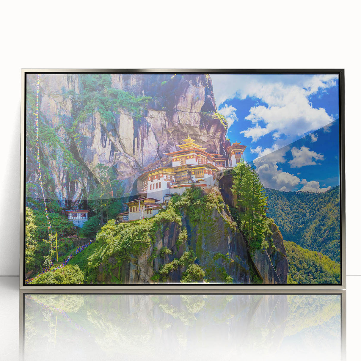 Mid-century modernist art depicting a serene Bhutanese landscape in muted earth tones, framed in silver acrylic.