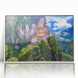 Framed acrylic print of a serene Bhutanese landscape in muted earth tones, ideal for modern art wall decor.