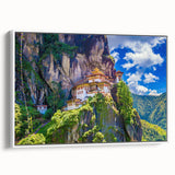 Vintage poster art of Bhutan scenery on framed canvas, featuring colorful art in extra large format.