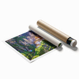 Extra large rolled print of a Bhutanese landscape with floral elements in soft earth tones.