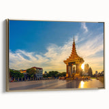 Framed canvas featuring a vintage-style landscape painting of a Cambodian scenery in black and gold tones.