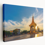 Large art depicting a serene Cambodian landscape in muted earth tones on stretched canvas, suitable for kitchen wall art.