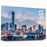Acrylic print of a large abstract depiction of Beijing, featuring muted earth tones, ideal for bedroom or dining room decor.