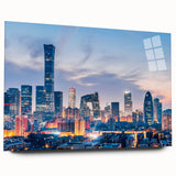 Large abstract wall art depicting a Beijing city scene in muted grays and blues on acrylic glass.