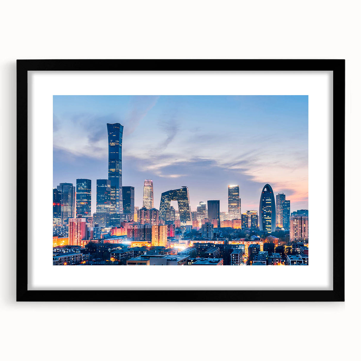 Abstract art print of Beijing scenery with vibrant colors and textured finish on a framed black mat.