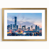 Extra large abstract art print of Beijing scenery in textured gold frame, ideal for living room decor.