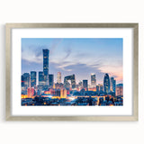 Textured art print depicting an abstract interpretation of a Beijing cityscape in muted gray and blue tones.