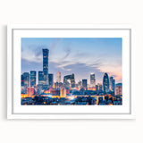 Abstract art print depicting a minimalist Beijing cityscape in muted gray tones on a framed white mat.