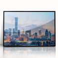 Large abstract wall art depicting a stylized Beijing cityscape in muted gray tones on a black framed acrylic print.