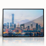 Large abstract wall art depicting a stylized Beijing cityscape in muted gray tones on a black framed acrylic print.