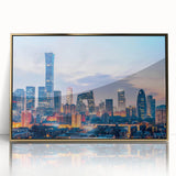 Large acrylic print of Beijing scenery with gold frame, featuring mid-century modernist style.