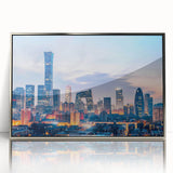 Mid-century modernist art of Beijing skyline in muted gray tones on a framed acrylic, ideal for modern art wall decor.