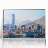 Acrylic print of Beijing skyline in muted gray tones, framed in white, suitable for modern art wall decor.
