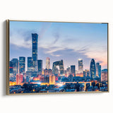 Framed canvas depicting a vintage-style Beijing landscape in muted gold and black tones, ideal for bedroom wall art.