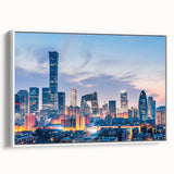 Extra large framed canvas of a vintage poster art depicting Beijing scenery in colorful hues, ideal for living room decor.