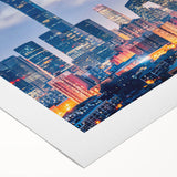 Art deco poster of Beijing skyline in muted gray and blue tones on rolled canvas, suitable for dining room decor.