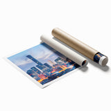 Extra large rolled print of a Beijing cityscape with soft floral overlays in muted colors.