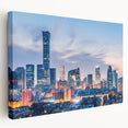 Large canvas print of Beijing skyline in muted gray tones, ideal for kitchen wall art.