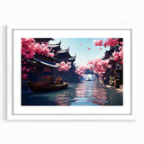 Abstract art print of Shanghai skyline in muted gray and blue tones on a framed white mat, ideal for dining room decor.