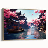 Framed canvas wall art depicting a vintage-style Shanghai landscape in black and gold tones, ideal for bedroom decor.