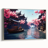 Framed canvas of Shanghai landscape with colorful art in vintage poster style, featuring black and silver tones.