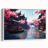 Vintage poster art of Shanghai skyline in vibrant colors on framed canvas, ideal for living room decor.