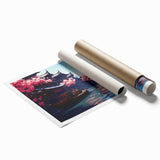 Extra large rolled print of Shanghai skyline with muted floral designs, ideal for classy bathroom wall art.