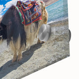 Large abstract wall art depicting a Tibetan landscape in muted earth tones on acrylic glass, suited for dining room ambiance.