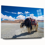 Large abstract wall art depicting a serene Tibetan landscape in muted earth tones on acrylic glass.