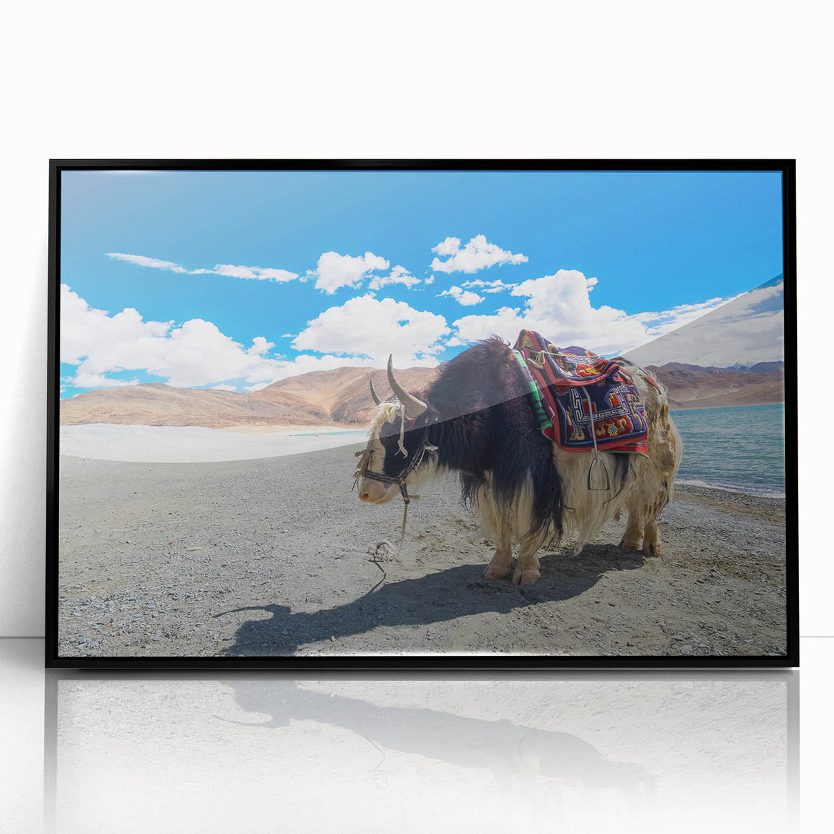 Large abstract wall art depicting a serene Tibetan landscape in muted earth tones on a framed acrylic panel.